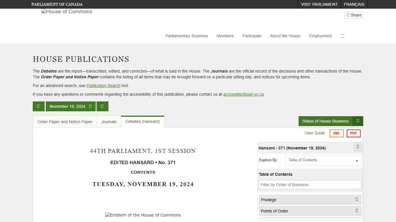 Debates (Hansard) No. 371 - November 19, 2024 (44-1) - House of Commons of Canada