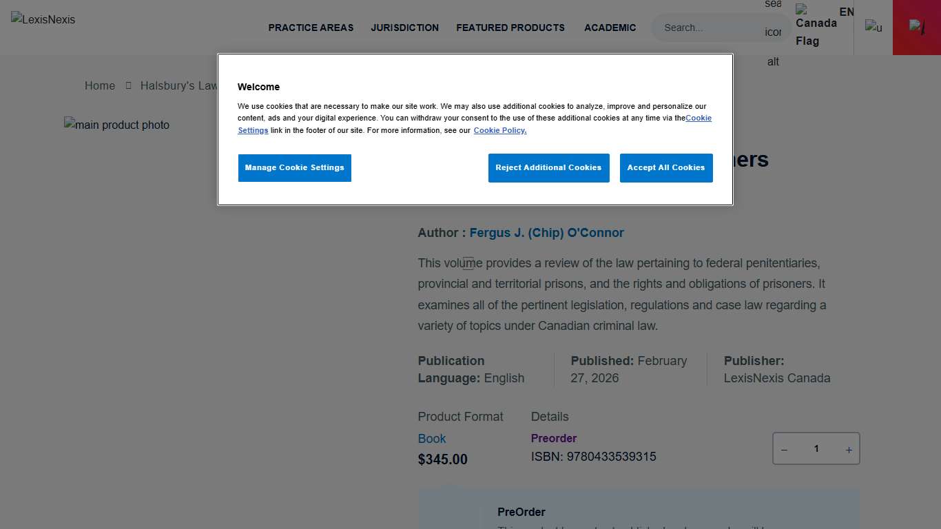 Halsbury's Laws of Canada – Penitentiaries, Jails and Prisoners (2026 Reissue) LexisNexis Canada